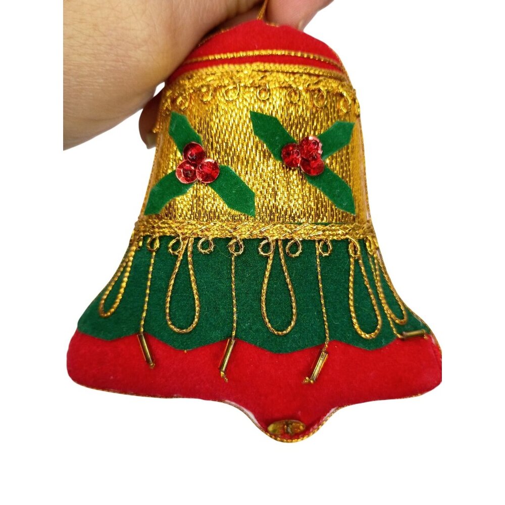 Vintage Handmade Red & Green Bell Christmas Ornament With Gold Embroidery & Sequ